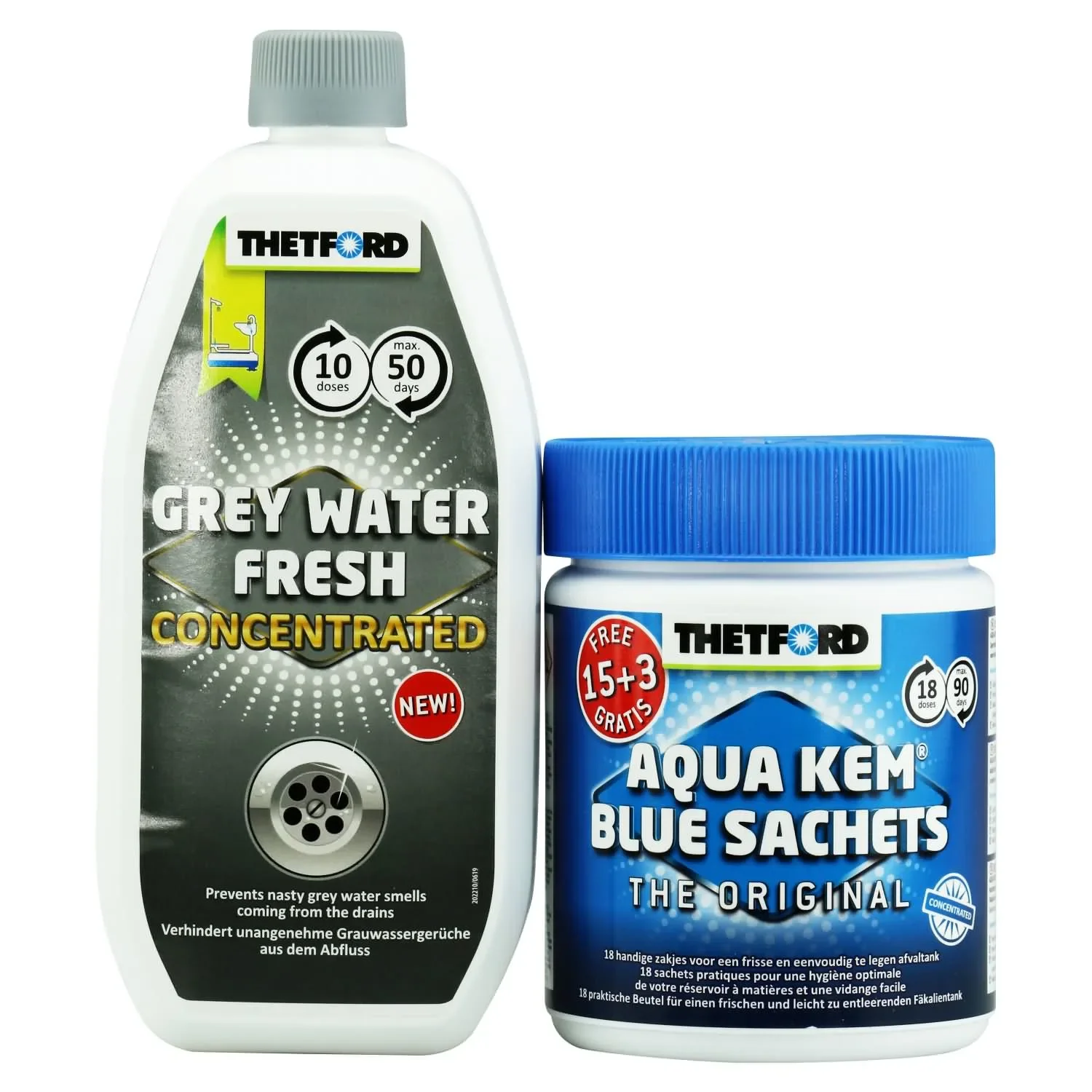 "THETFORD Aqua Kem Blue Sachets 15 Beutel + 3 Beutel = 1 Dose & Grey Water Fresh 0,78 Liter image"